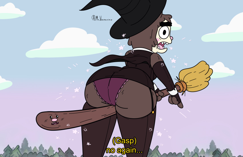 absurd_res broom broom_riding brown_body brown_fur butt cartoon_network cleaning_tool clothed clothing eulipotyphlan exposed_panties female fur gasp hat headgear headwear hedgehog hedgehog's_mom_(summer_camp_island) hi_res legwear magic_spell magic_user mammal mature_female mr_valentine00 panties rear_view solo stockings summer_camp_island text underwear white_body wide_hips witch witch_costume witch_hat