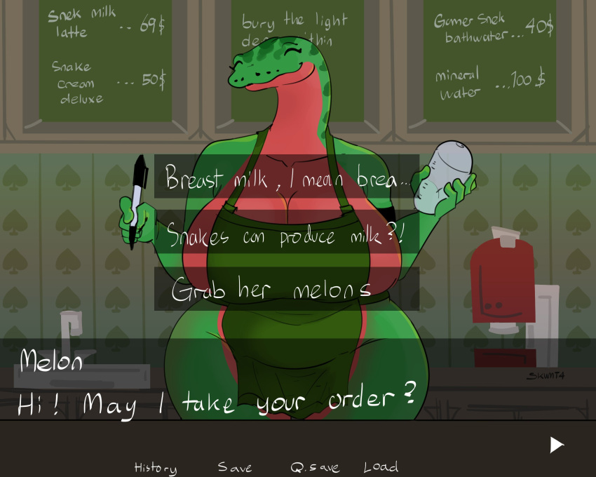 anthro apron apron_only big_breasts breasts cleavage clothed clothing coffee_machine container cup dating_sim detailed detailed_background dialogue english_text eyes_closed female first_person_view hi_res holding_object i_mean_breast_milk melon_(skwmt4) meme mostly_nude pen python reptile scalie sink skwmt4 smile smiling_at_viewer snake solo spades text wide_hips