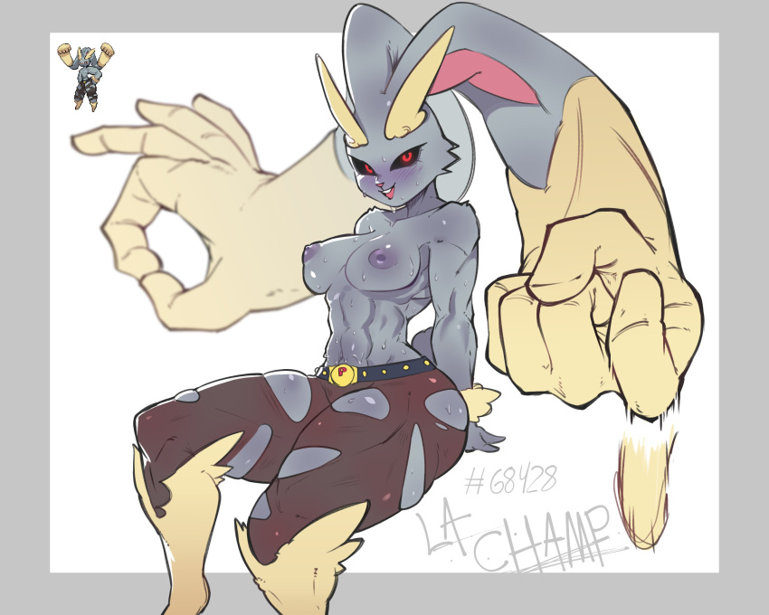 abs absurd_res anthro beckoning big_ears big_hands black_sclera bodily_fluids breasts clothed clothing female fur generation_1_pokemon generation_4_pokemon gesture grey_body grey_fur hentaly hi_res hybrid legwear lopunny machamp medium_breasts muscular muscular_anthro muscular_legs muscular_thighs nintendo ok_sign pokemon pokemon_(species) red_eyes simple_background sitting solo sweat thick_thighs topless topless_anthro topless_female torn_clothing torn_legwear