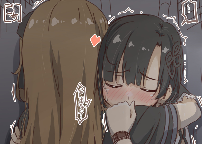 ... 2girls arm_around_neck artist_name assault_lily bangs black_hair black_ribbon blunt_bangs blush brown_hair closed_eyes commentary covered_mouth detached_sleeves facing_away flower_knot frilled_sleeves frills gochisousama_(tanin050) hair_ribbon hands_on_another's_shoulders heads_together heart hug in_locker indoors kuo_shenlin long_hair multiple_girls mutual_hug nose_blush portrait raised_eyebrows ribbon school_uniform short_sleeves speech_bubble spoken_ellipsis sweat thought_bubble translated trembling wang_yujia wristband yuri yurigaoka_girls_academy_school_uniform