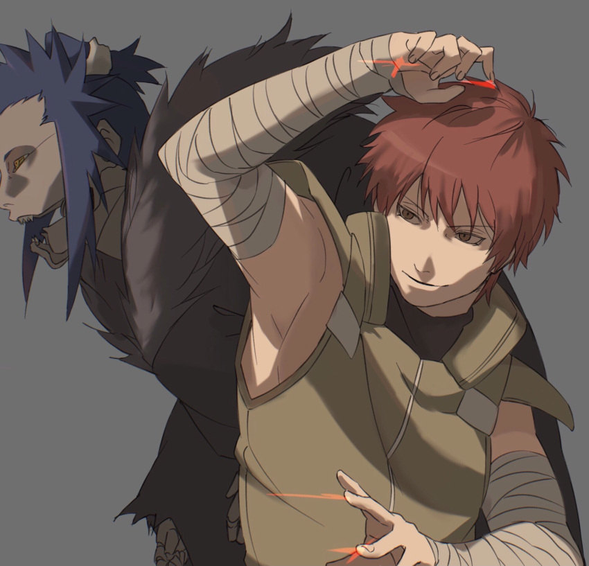 1boy bandaged_arm bandages blue_hair closed_mouth green_vest highres looking_away male_focus naruto_(series) naruto_shippuuden open_mouth puppet red_hair reiji292 sasori_(naruto) sleeveless smile solo vest