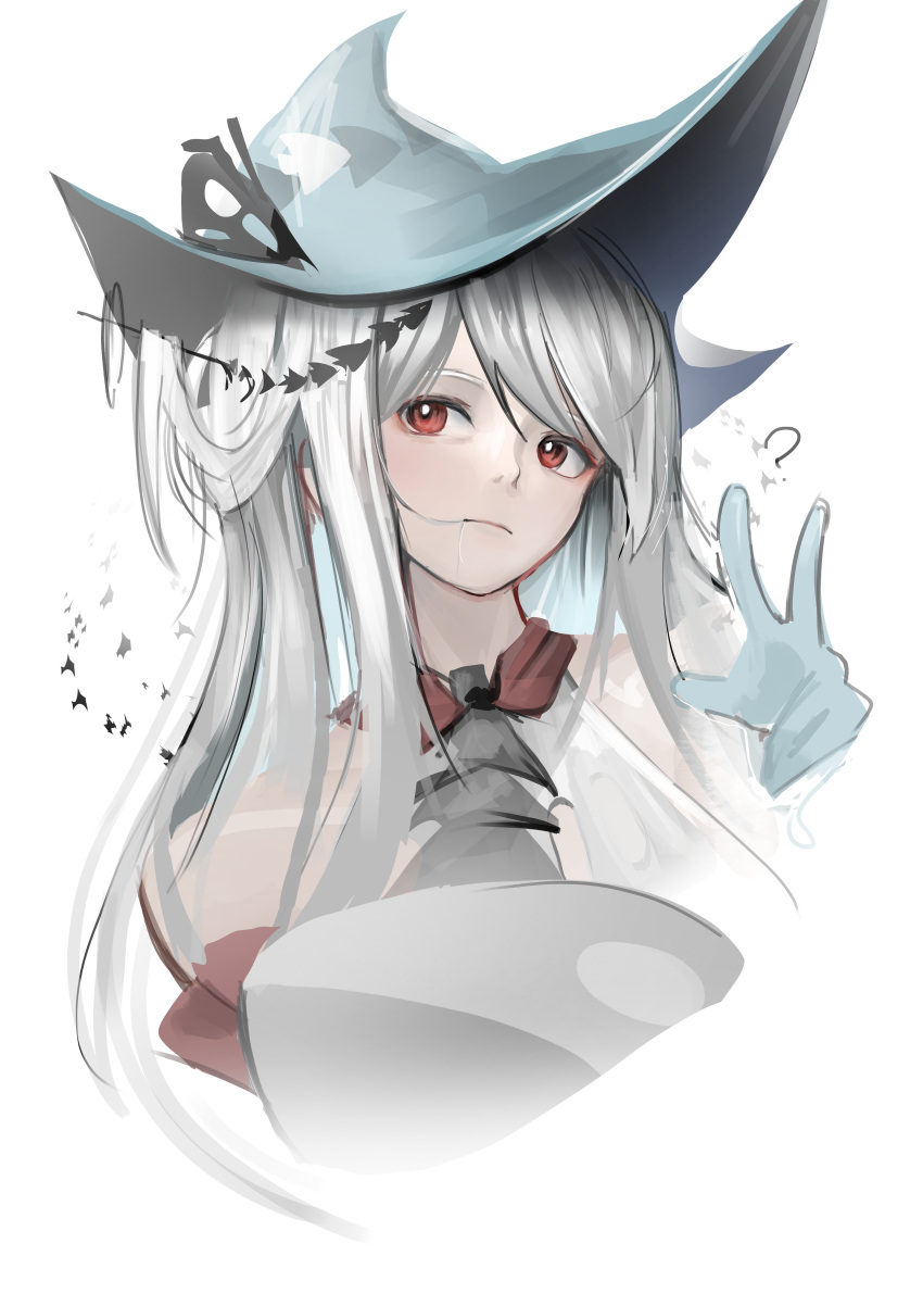 1girl ? absurdres aqua_gloves aqua_headwear arknights ascot bare_shoulders black_ascot closed_mouth cropped_torso gloves grey_hair hat highres long_hair looking_at_viewer orca red_eyes simple_background skadi_(arknights) skadi_the_corrupting_heart_(arknights) smile solo upper_body w wawamachi_(wawamachis) white_background