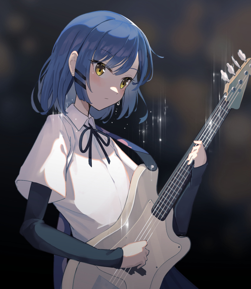 1girl bangs bass_guitar black_ribbon black_skirt black_sleeves blue_hair blurry blurry_background blush bocchi_the_rock! closed_mouth commentary_request earrings electric_guitar guitar hair_between_eyes hair_ornament hairclip head_tilt highres holding holding_instrument instrument jewelry long_sleeves looking_at_object medium_hair mole mole_under_eye music neck_ribbon parted_bangs playing_instrument pleated_shirt rafrog ribbon shirt short_sleeves sidelocks skirt solo swept_bangs white_shirt wide_sleeves yamada_ryou yellow_eyes