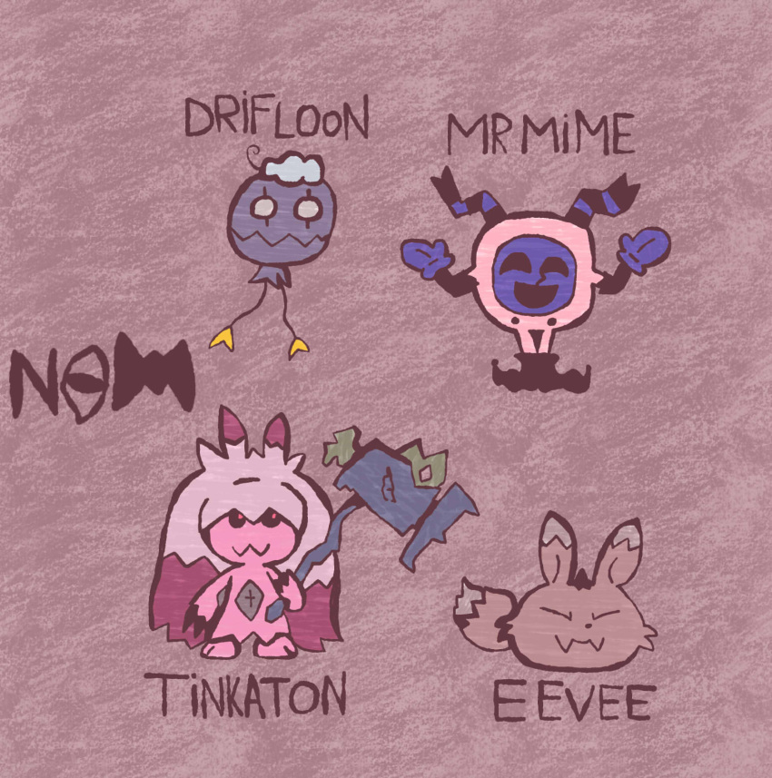ambiguous_gender animate_inanimate balloon brown_body brown_fur canid canine claws clothing drifloon eevee eyes_closed fangs feral footwear fur generation_1_pokemon generation_4_pokemon generation_9_pokemon gnome group hammer hi_res horn humanoid inflatable long_ears mammal mask monster mr._mime nintendo nyamimi pink_body pokemon pokemon_(species) shoes teeth tinkaton tools waddling_head