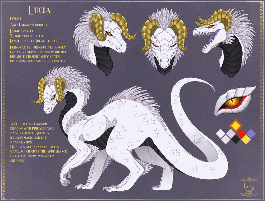 absurd_res black_sclera digital_media_(artwork) dragon english_text feathers female feral hi_res horn labyart lucia_(paledrake) model_sheet paledrake pupils reptile scales scalie signature simple_background slit_pupils solo teeth text tongue white_body white_skin