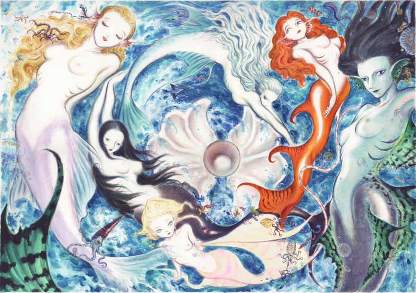 6+girls absurdres black_hair blonde_hair breasts breasts_apart brown_hair bubble clam closed_eyes clownfish fish gem gills highres long_hair looking_at_viewer medium_breasts mermaid monster_girl multiple_girls navel nipples nude original parted_lips pearl_(gemstone) seahorse smile squid underwater white_hair yui_mera