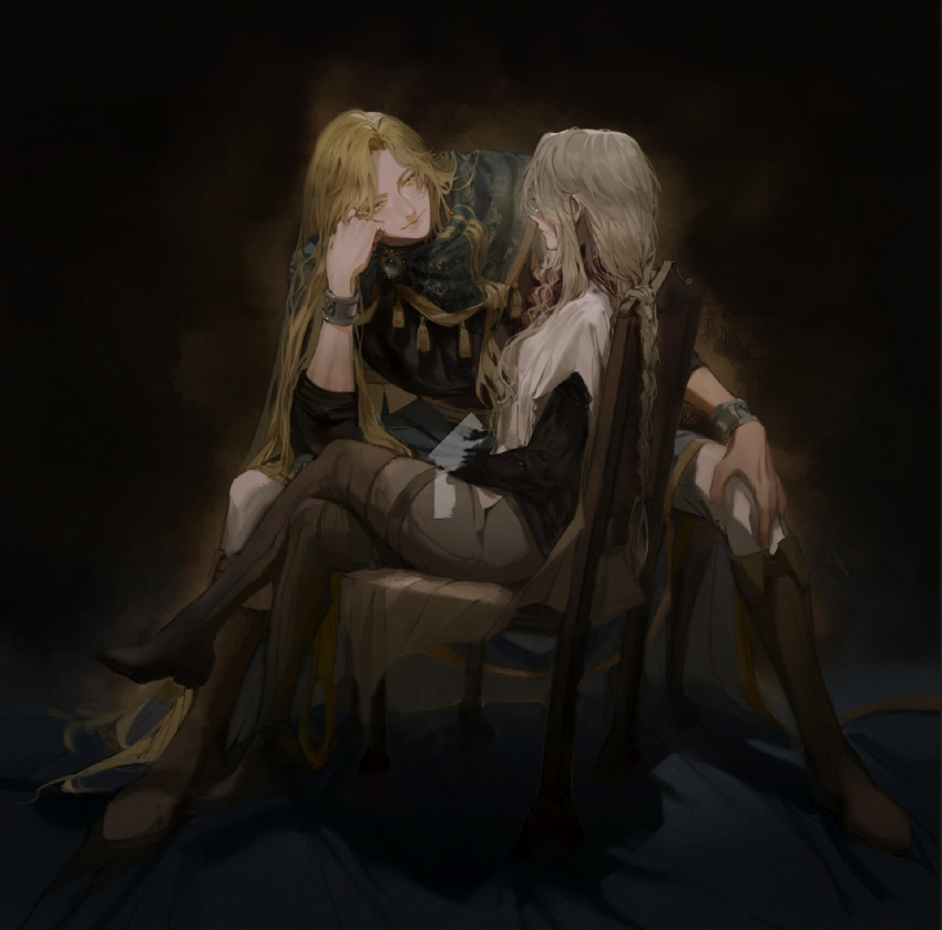 1boy 1girl black_background blonde_hair cloak elden_ring godwyn_the_golden gravitydusty hand_on_own_cheek hand_on_own_face hand_on_own_knee highres howel_(gravitydusty) jewelry long_hair looking_at_another multiple_boys original sitting