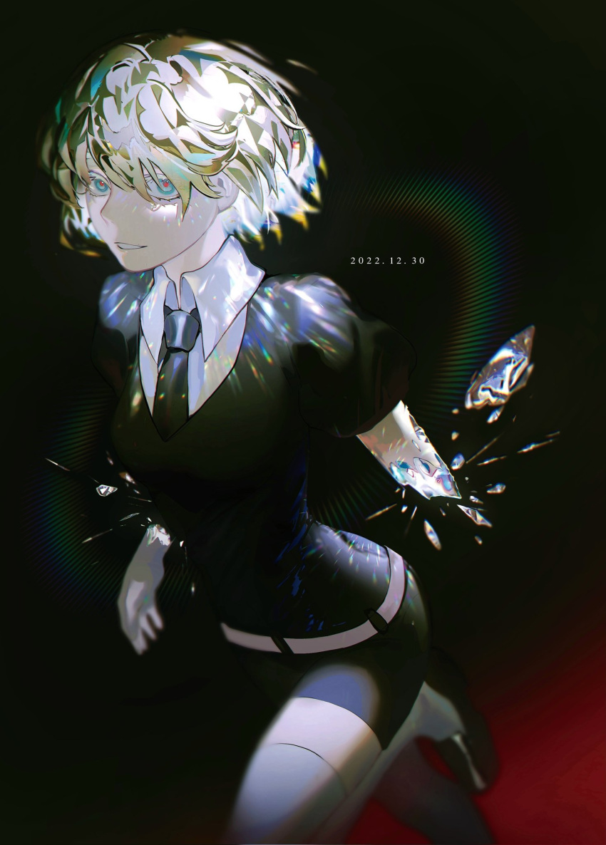 1other amputee androgynous bangs belt breaking collared_shirt colored_eyelashes colored_skin crystal_hair dated diamond_(gemstone) diamond_(houseki_no_kuni) eunhasang2 foot_up gem gem_uniform_(houseki_no_kuni) gloves glowing glowing_hair high_collar highres houseki_no_kuni loafers looking_at_viewer necktie other_focus puffy_short_sleeves puffy_sleeves rainbow shards shirt shoes short_hair short_jumpsuit short_sleeves shorts solo standing standing_on_one_leg thighhighs white_belt white_gloves white_hair white_shirt white_skin white_thighhighs wing_collar