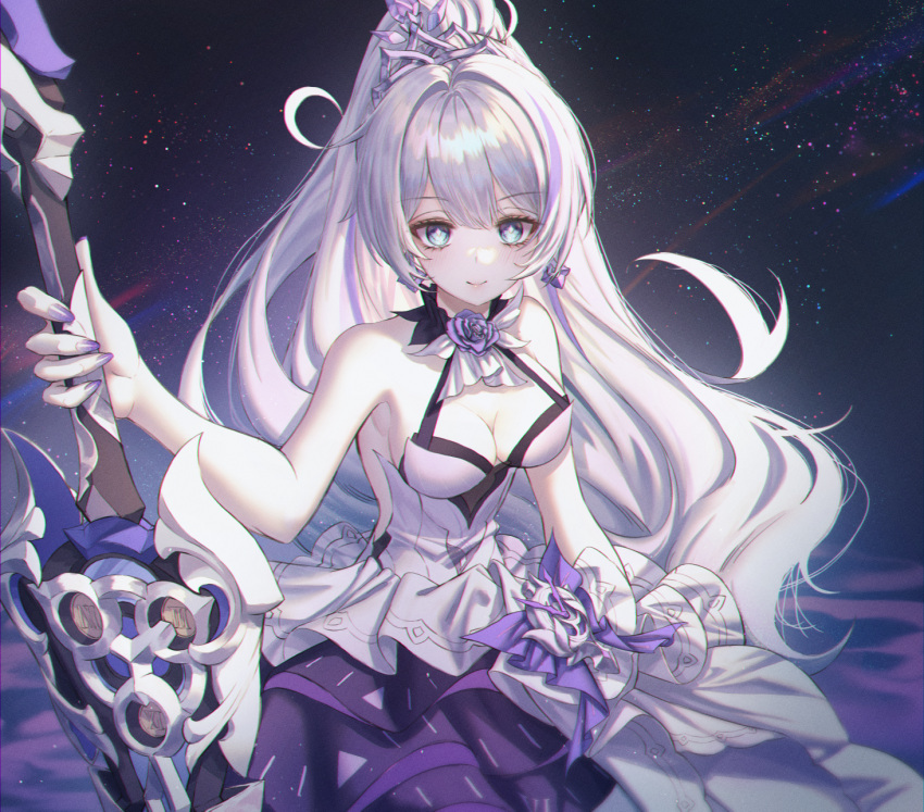 1girl blue_eyes breasts cleavage dress earrings grey_hair highres holding holding_sword holding_weapon honkai_(series) honkai_impact_3rd jewelry kiana_kaslana long_hair looking_at_viewer medium_breasts multicolored_hair neon_(pixiv_31150749) night night_sky outdoors purple_hair purple_nails sky solo star_(sky) starry_sky streaked_hair sword weapon white_dress