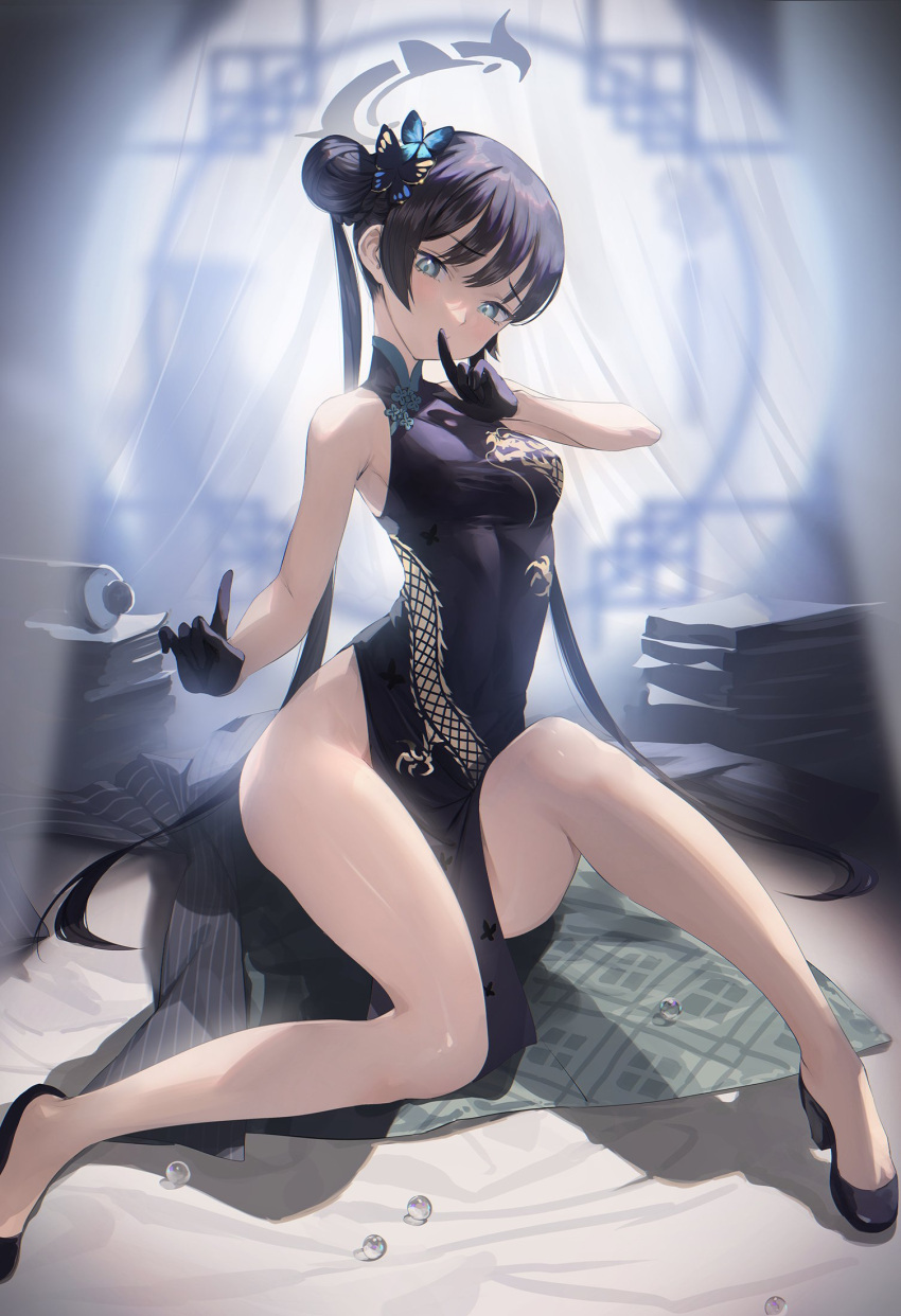 1girl bare_shoulders black_dress black_gloves black_hair blue_archive blue_eyes braid braided_bun breasts butterfly_hair_ornament china_dress chinese_clothes double_bun dragon_print dress gloves grey_eyes grey_jacket hair_bun hair_ornament halo highres jacket jacket_removed kisaki_(blue_archive) long_hair looking_at_viewer mhk_(mechamania) pelvic_curtain print_dress short_dress side_slit sitting sleeveless sleeveless_dress small_breasts solo striped striped_jacket twintails vertical-striped_jacket vertical_stripes