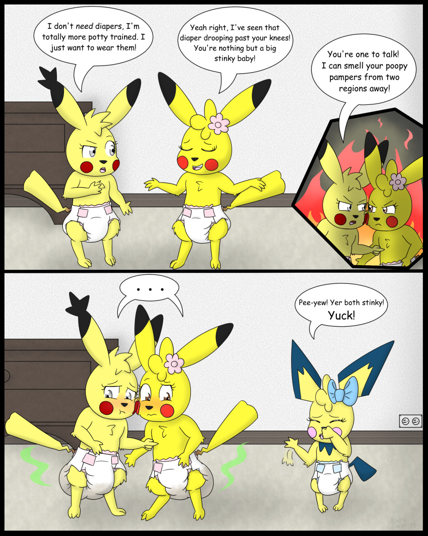 absurd_res anthro bluebell_fiorello diaper diaper_shaming diaper_use duo electric_mouse electric_type feces female generation_1_pokemon generation_2_pokemon hi_res hydroftt infantilism insult lulshi mammal messy_diaper mouse murid murine nintendo peony_fiorello pichu pikachu pokemon pokemon_(species) poopy_diaper potty_training rodent scat shaming smelly soiling stinky_diaper teasing tiffany