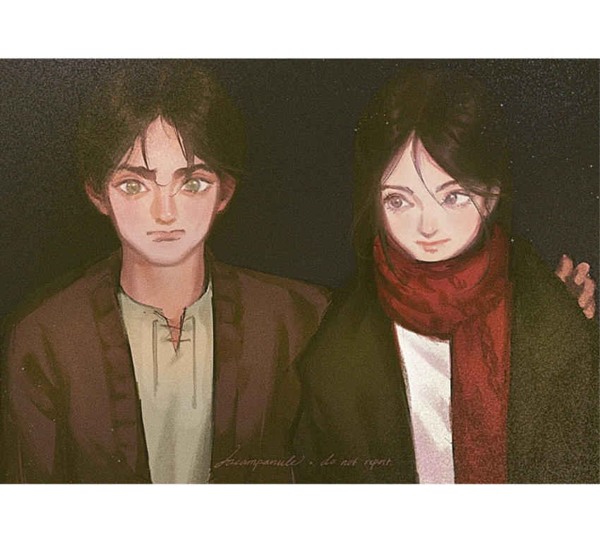 1boy 1girl arm_around_shoulder black_background black_hair black_jacket brown_eyes brown_hair brown_jacket dress eren_yeager female_child green_eyes grey_shirt hair_between_eyes highres hover_hand jacket lacampanule letterboxed long_hair looking_at_another male_child mikasa_ackerman red_scarf scarf shingeki_no_kyojin shirt short_hair signature upper_body white_dress