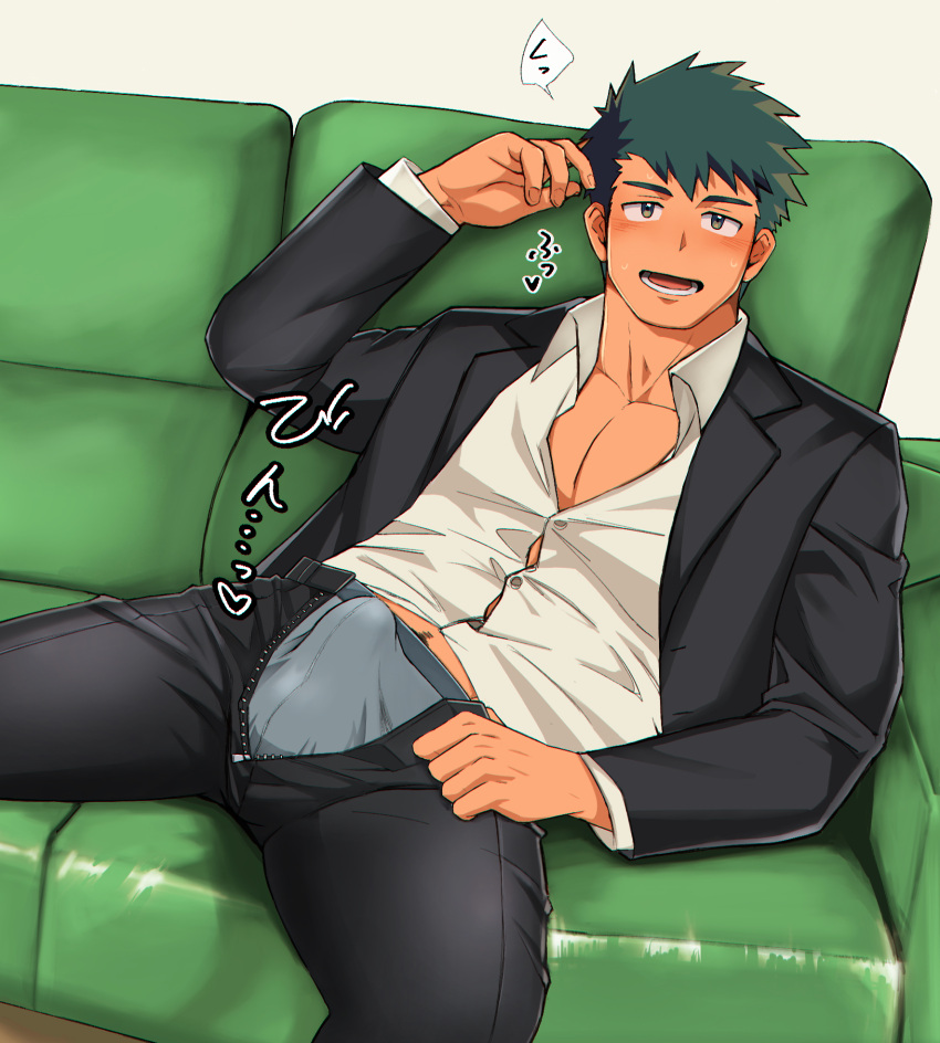 1boy bara blush bulge bursting_pectorals collared_shirt couch erection erection_under_clothes feet_out_of_frame green_hair grey_male_underwear hand_on_own_head highres looking_at_viewer male_focus male_underwear male_underwear_peek nnn_nishi on_couch open_pants original pants partially_unbuttoned pectoral_cleavage pectorals salaryman shirt short_hair smile solo spread_legs toned toned_male translation_request underwear zipper