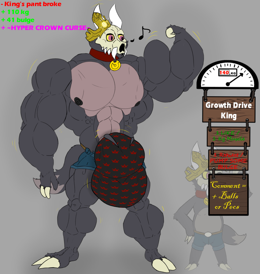 absurd_res anthro big_bulge big_muscles bone breath bulge cartoon_character clothing collar crown demon disney flexing fluffy fluffy_tail genital_growth genitals growth growth_drive headgear hi_res horn huge_bulge huge_muscles hyper hyper_bulge hyper_genitalia hyper_muscles king_clawthorne male muscle_growth muscular muscular_anthro muscular_male nyhil_rex panting skull skull_head solo tail the_owl_house titan underwear x-ray_vision