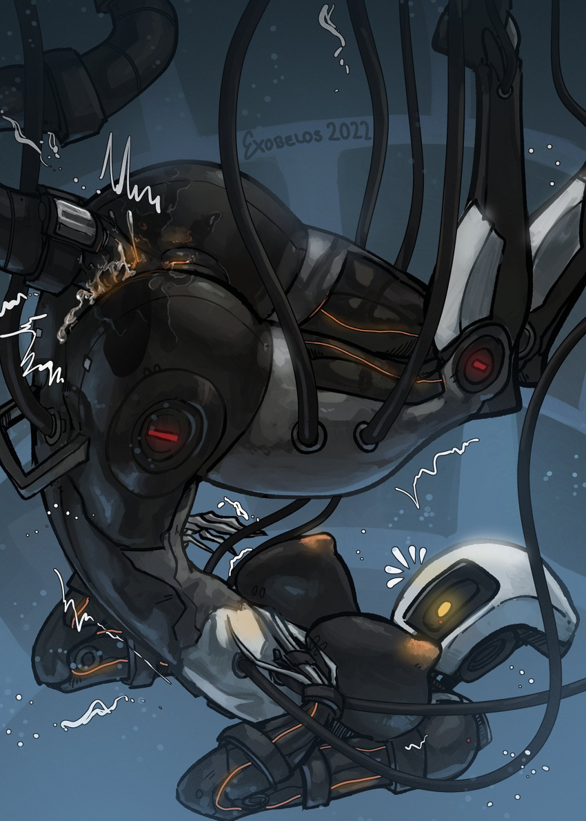 1girl breasts cable exobelos glados hanging highres large_breasts nipples object_insertion personification portal_(series) portal_1 robot robot_girl robot_penis solo trembling upside-down vaginal vaginal_object_insertion