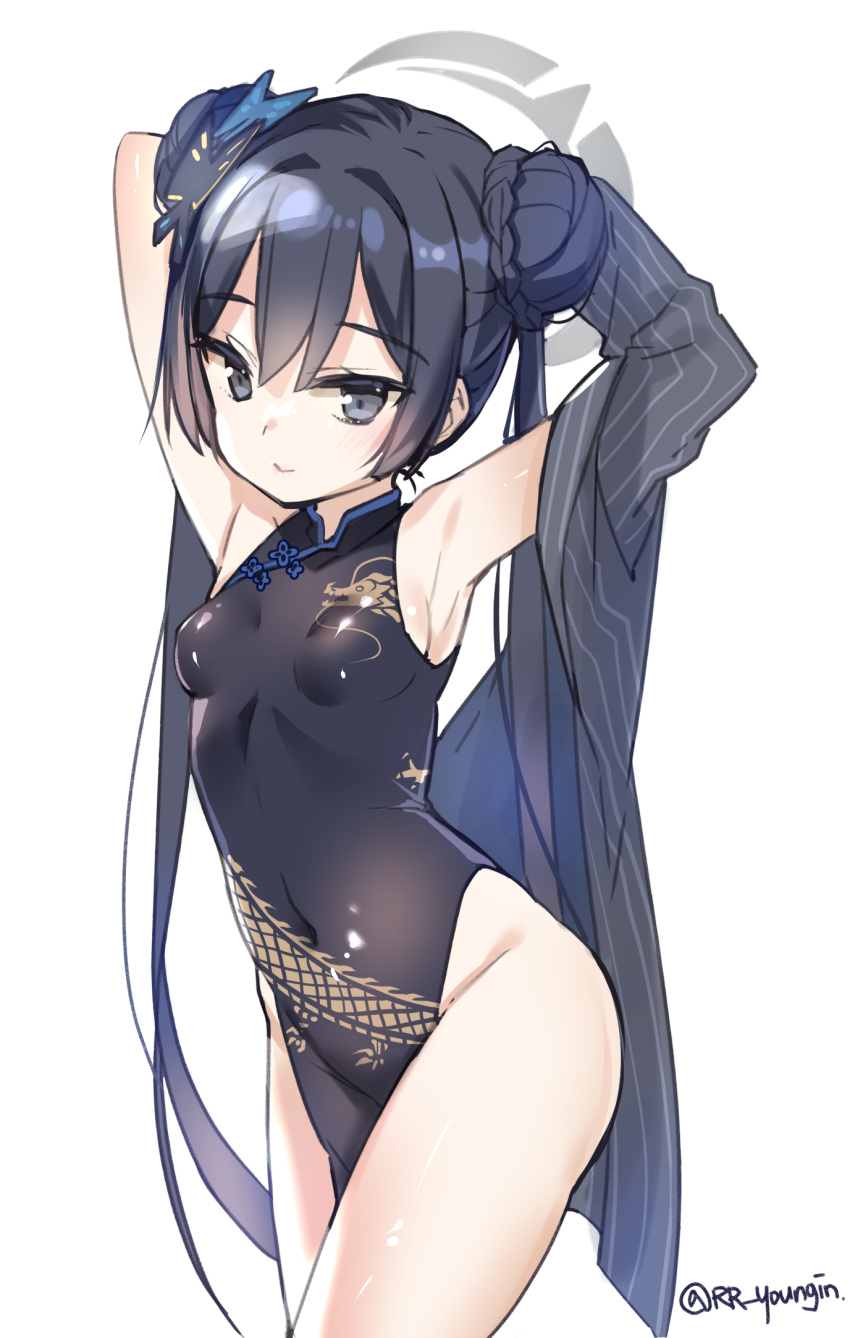 1girl armpits arms_behind_head arms_up bare_shoulders black_dress black_hair blue_archive braid breasts butterfly_hair_ornament closed_mouth commentary_request covered_navel double_bun dress grey_jacket groin hair_bun hair_ornament halo highres jacket jin_young-in kisaki_(blue_archive) long_hair pelvic_curtain pinstripe_pattern sideboob simple_background sleeveless sleeveless_dress small_breasts smile solo striped twintails twitter_username very_long_hair white_background