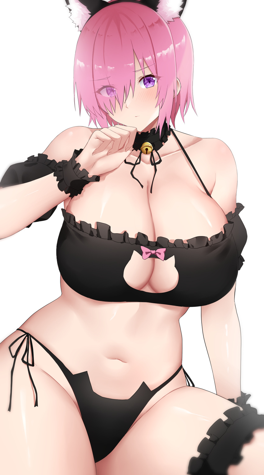 1girl absurdres animal_ears arind_yudha bangs bell black_choker black_panties blush breasts cat_ears cat_lingerie choker cleavage closed_mouth collarbone eyes_visible_through_hair fate/grand_order fate_(series) hair_over_one_eye hand_up highres large_breasts looking_at_viewer mash_kyrielight meme_attire navel neck_bell panties pink_hair purple_eyes short_hair side-tie_panties simple_background solo stomach thigh_strap underwear white_background