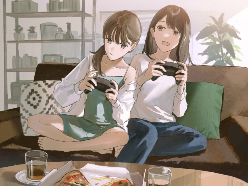 2girls :d aqua_camisole aqua_shorts barefoot blue_pants brown_eyes brown_hair collarbone commission controller couch cup drink drinking_glass food game_controller gamepad holding holding_controller holding_game_controller hood hoodie indian_style light_frown loungewear medium_hair multiple_girls open_clothes open_hoodie original pants pillow pizza plant playing_games ponytail pumpkin-crazy shelf shorts side-by-side sitting skeb_commission smile sweater table white_hoodie white_sweater