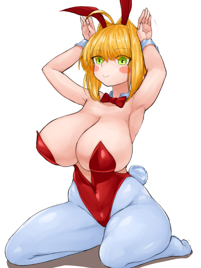 1girl :&gt; ahoge animal_ears armpits arms_up blonde_hair blush_stickers bow bowtie breasts cleavage detached_collar fate/grand_order fate_(series) green_hair hair_intakes highres kneeling large_breasts leotard nero_claudius_(fate) pantyhose playboy_bunny rabbit_ears rabbit_tail red_bow red_bowtie red_leotard solo steamingtofu tail white_pantyhose wrist_cuffs