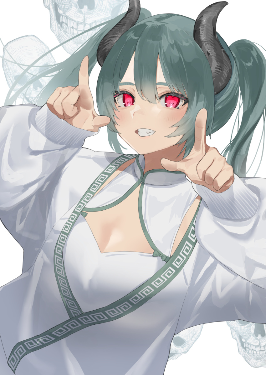 1girl absurdres black_horns breasts cleavage cleavage_cutout clothing_cutout commission dark_green_hair hands_up highres horns index_finger_raised looking_at_viewer mashiro_kta original parted_lips red_eyes skeb_commission skull_background sleeves_past_wrists solo twintails upper_body