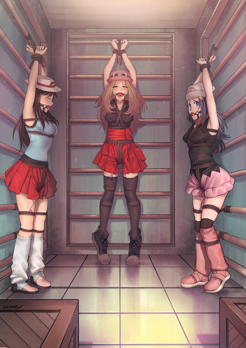3girls absurdres arms_up ball_gag bdsm blonde_hair blue_eyes blue_hair bondage boots bound brown_hair closed_eyes commentary commission crotch_rope crying crying_with_eyes_open dawn_(pokemon) dress gag gagged hamatsu hands_up highres leaf_(pokemon) looking_at_viewer multiple_girls pokemon pokemon_(game) pokemon_dppt pokemon_frlg pokemon_xy pussy_juice rope saliva serena_(pokemon) sex_toy shibari shibari_over_clothes skirt standing tears thighhighs tiptoes vibrator