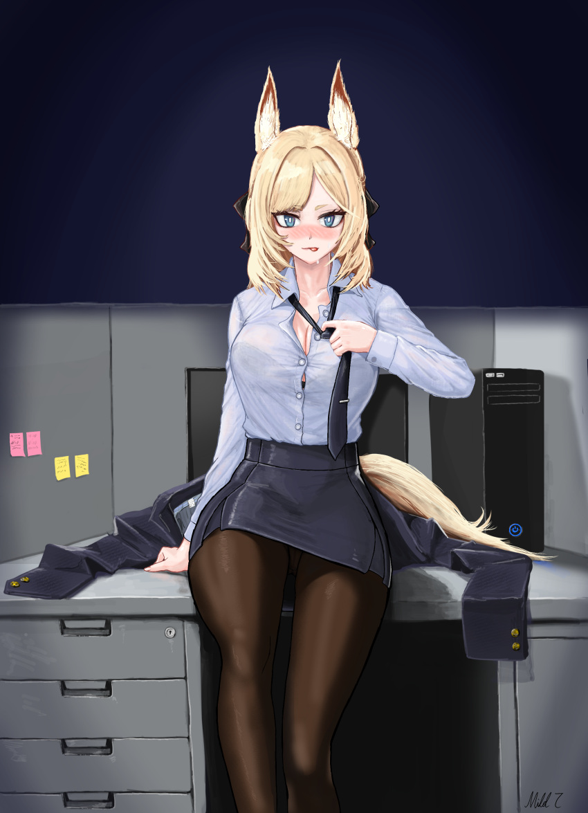 1girl absurdres adjusting_clothes adjusting_necktie alternate_costume animal_ears arknights bangs black_bra black_jacket black_necktie black_skirt black_suit blonde_hair blue_eyes blush bra bra_peek bra_visible_through_clothes breasts brown_pantyhose button_gap cleavage closed_mouth collared_shirt commentary computer cubicle dress_shirt feet_out_of_frame formal hair_intakes highres horse_ears horse_girl horse_tail jacket jacket_removed large_breasts licking_lips long_sleeves looking_at_viewer medium_hair mildt miniskirt monitor necktie office_lady pantyhose parted_bangs partially_unbuttoned pencil_skirt shirt shirt_tucked_in skirt solo standing sticky_note suit sweatdrop tail tongue tongue_out underwear whislash_(arknights) white_shirt wing_collar
