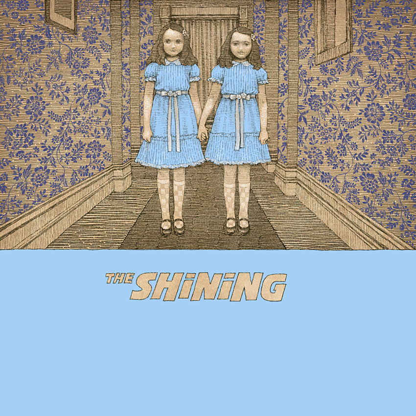 2girls black_footwear black_hair blue_dress checkered_clothes checkered_legwear copyright_name curtains dress grady_sisters_(the_shining) holding_hands long_hair looking_at_viewer multiple_girls ruhanalove shoes short_sleeves socks the_shining wallpaper_(object) wide_shot window