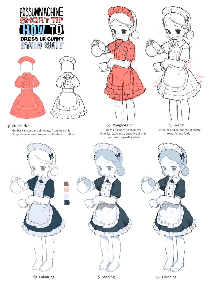 1girl absurdres apron bangs blush child collared_dress color_guide commentary cropped_legs cup dress english_commentary english_text female_child frilled_apron frilled_dress frills full_body highres holding holding_cup how_to maid maid_apron maid_headdress monochrome multiple_monochrome multiple_views no_shoes opossumachine original pantyhose parted_bangs short_sleeves short_twintails simple_background sketch toes twintails