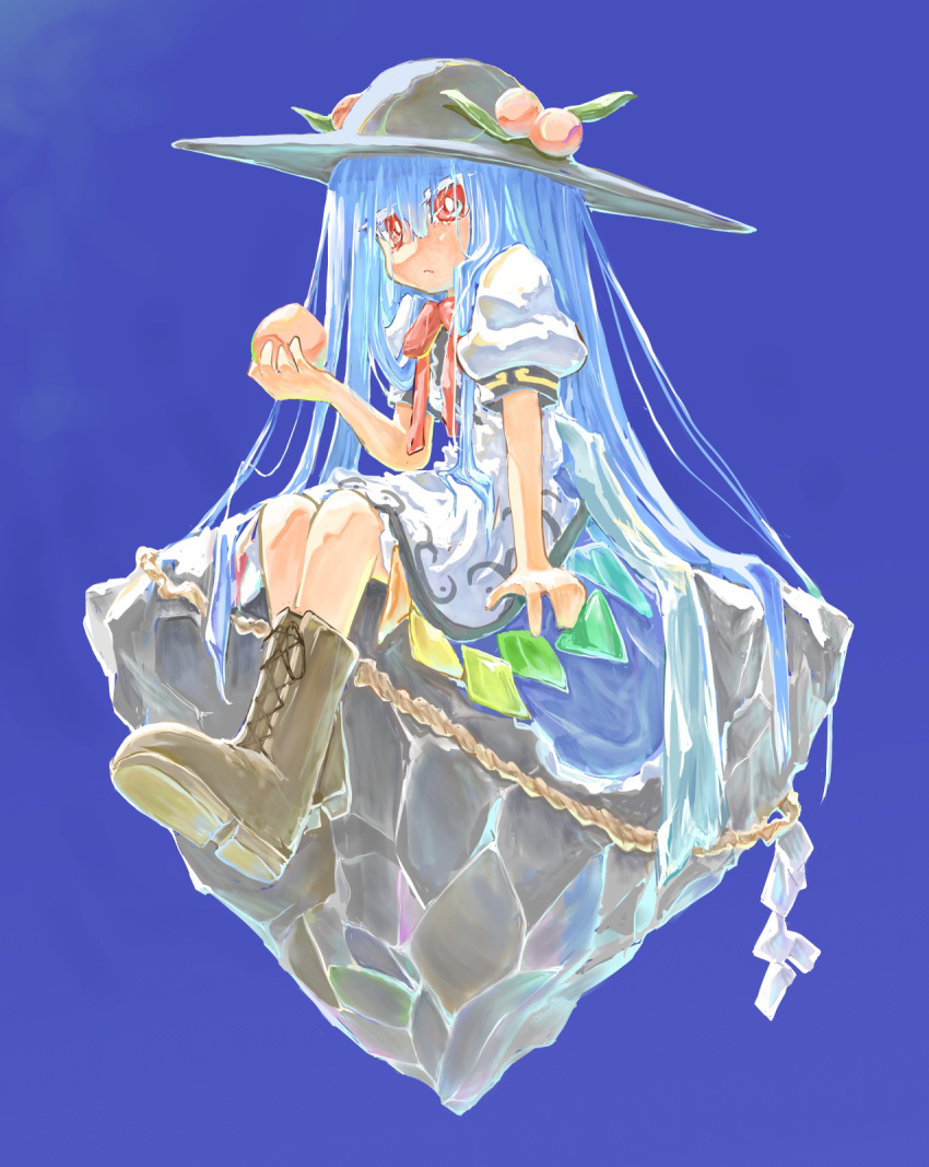 1girl bangs black_headwear blue_background blue_hair boots bright_pupils brown_footwear closed_mouth commentary_request cross-laced_footwear dress food fruit hat highres hinanawi_tenshi holding holding_food holding_fruit lace-up_boots long_hair neck_ribbon peach puffy_short_sleeves puffy_sleeves red_eyes red_ribbon ribbon short_sleeves simple_background sitting solo touhou white_dress white_pupils yamasina009