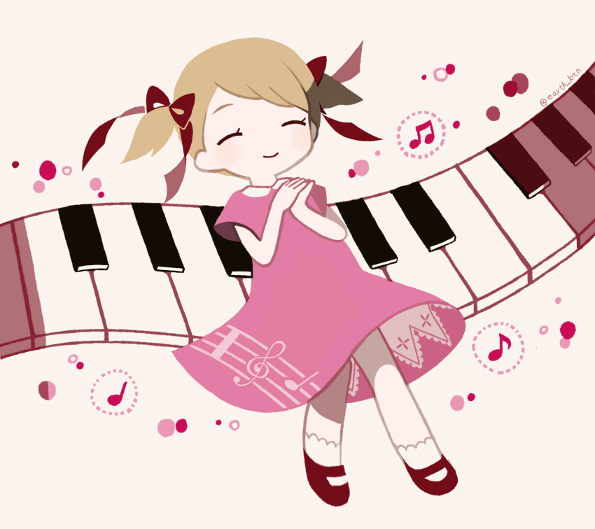 1girl ana_(mother) blonde_hair blush child closed_eyes dots dress eighth_note female_child highres instrument keyboard_(instrument) mary_janes milkpeachi mother_(game) mother_1 music musical_note own_hands_together pink_dress quarter_note shoes smile socks solo treble_clef white_socks