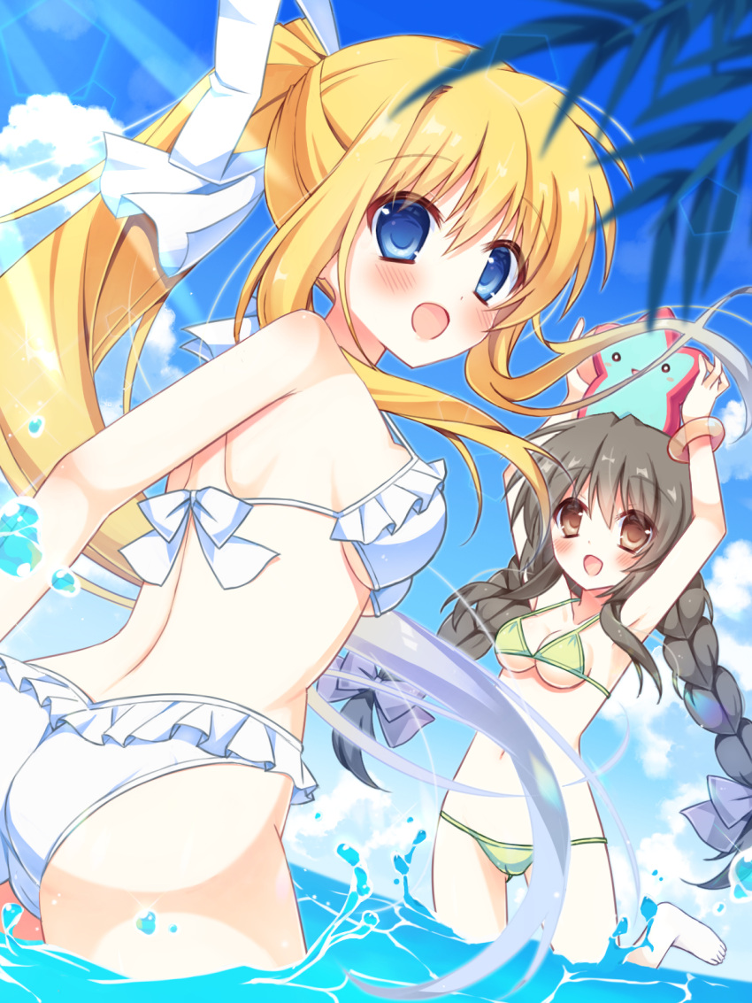 1girl air_(visual_novel) ass bikini blonde_hair blue_eyes blue_sky braid breasts brown_eyes brown_hair clannad cloud commentary_request company_connection crossover day frilled_bikini frills hair_ribbon haruchimo highres ibuki_fuuko kamio_misuzu long_hair looking_at_viewer looking_back low_twintails medium_breasts outdoors ponytail ribbon sky solo star_(symbol) swimsuit toy twin_braids twintails underboob wading white_bikini white_ribbon