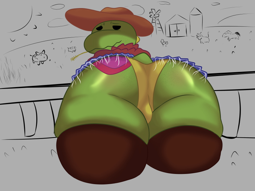 absurd_res anthro belly_lentel bellyboi13 big_butt bulge butt clothing farm hat headgear headwear hi_res kobold lizard lizardfolk looking_back male reptile scalie simple_background solo thick_thighs western wheat_in_mouth