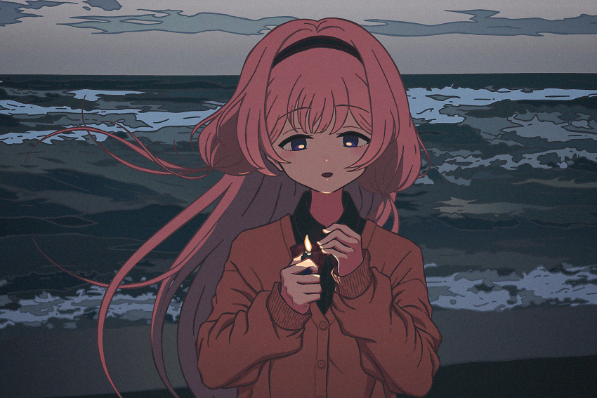 1girl bangs beach black_hairband black_shirt bow bowtie brown_cardigan buttons cardigan cloud collared_shirt film_grain fire flame floating_hair grey_sky hairband half-closed_eyes highres holding holding_lighter light_blush light_smile lighter long_hair low_twintails nijisanji nkymyura ocean open_mouth outdoors parody pink_hair purple_eyes red_bow red_bowtie shirt sleeves_past_wrists solo suo_sango tareme twintails underlighting upper_body virtual_youtuber waves