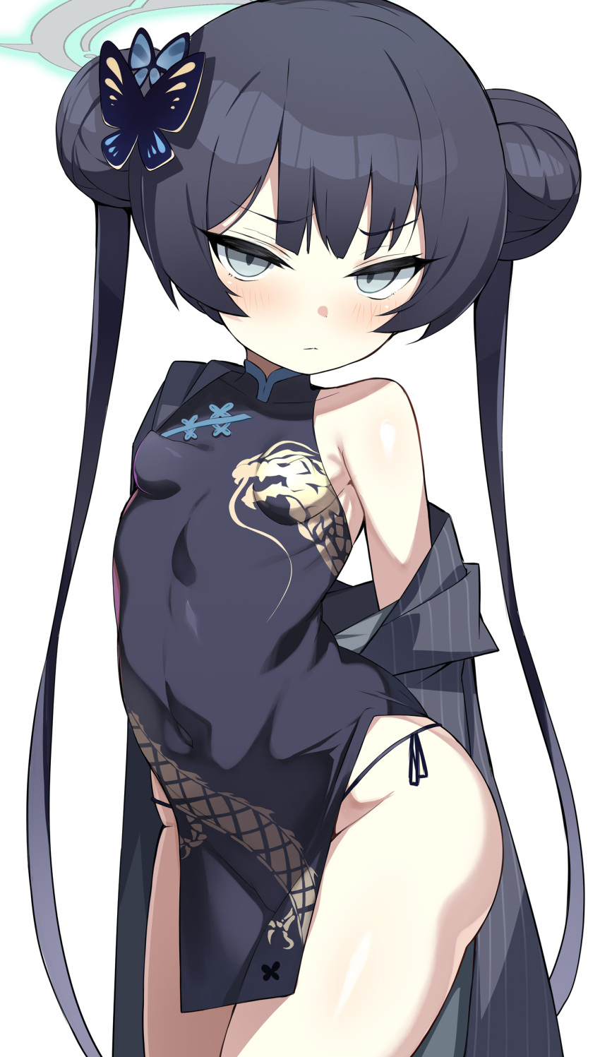 1girl absurdres black_dress black_hair black_jacket blue_archive breasts butterfly_hair_ornament china_dress chinese_clothes commentary_request covered_navel double_bun dragon_print dress grey_eyes hair_bun hair_ornament halo highres jacket kisaki_(blue_archive) long_hair looking_at_viewer off_shoulder panties pelvic_curtain pinstripe_jacket pinstripe_pattern print_dress shimejinameko side-tie_panties small_breasts solo striped twintails underwear
