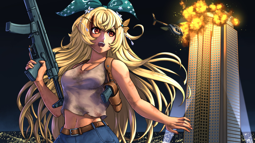 1girl aircraft blonde_hair breasts building cityscape cosplay die_hard dirty dirty_clothes explosion flower gun h&amp;k_mp5 hair_flower hair_ornament hair_ribbon hairclip handgun helicopter highres holding holding_gun holding_weapon holster john_mcclane john_mcclane_(cosplay) long_hair medium_breasts nijisanji nijisanji_en pointy_ears pomu_rainpuff red_eyes ribbon shoulder_holster skyscraper solo submachine_gun substance20 tank_top trigger_discipline very_long_hair virtual_youtuber weapon white_tank_top