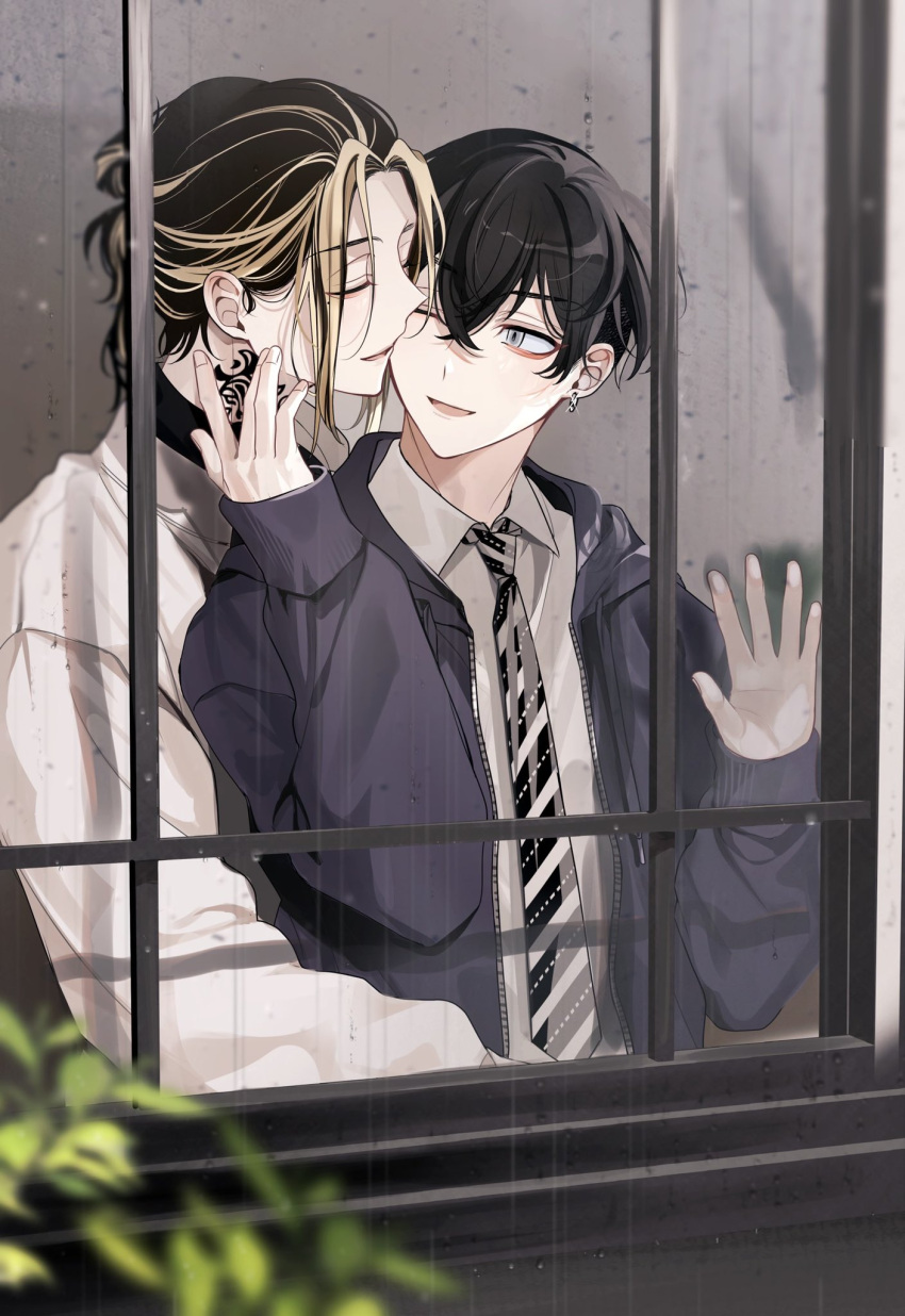 2boys bangs black_hair black_hoodie black_necktie blonde_hair blurry blurry_foreground closed_eyes collared_shirt commentary_request crossed_bangs depth_of_field diagonal-striped_necktie diagonal_stripes drawstring earrings glint grey_eyes grey_shirt hair_between_eyes hair_bun hands_up hanemiya_kazutora highres hood hood_down hoodie jacket jewelry looking_at_another looking_outside male_focus matsuno_chifuyu mole mole_under_eye multicolored_hair multiple_boys neck_tattoo necktie neconecowc one_eye_closed open_clothes open_hoodie open_mouth parted_bangs plant ponytail profile rain shirt short_hair sidelocks single_hair_bun smile streaked_hair striped striped_necktie tattoo tokyo_revengers two-tone_hair undercut upper_body white_jacket wing_collar yaoi