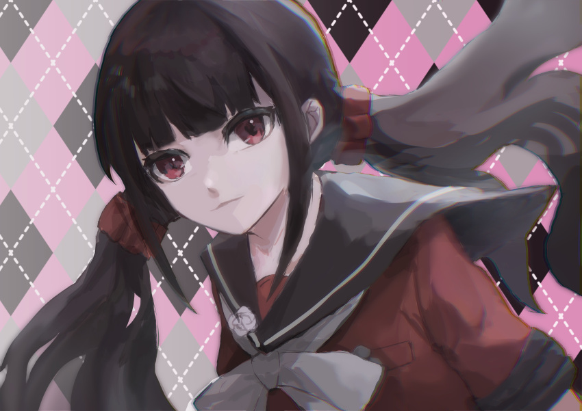 1girl absurdres bangs black_background black_hair black_sailor_collar bow bowtie breast_pocket closed_mouth danganronpa_(series) danganronpa_v3:_killing_harmony grey_background grey_bow grey_bowtie hair_ornament hair_scrunchie harukawa_maki highres kuron_(uwbf5) long_hair looking_at_viewer low_twintails pocket red_eyes red_scrunchie red_shirt sailor_collar scrunchie shirt smile solo twintails upper_body