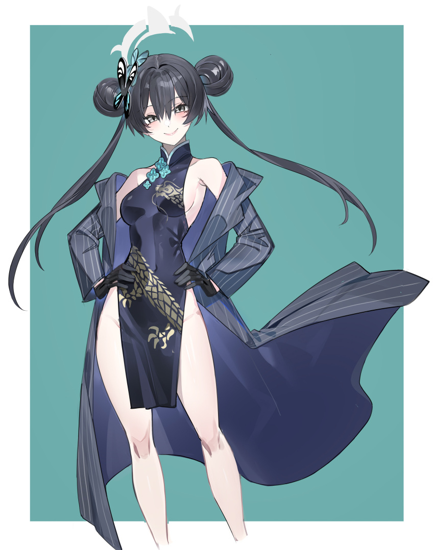 1girl absurdres black_dress black_gloves black_hair black_jacket blue_archive breasts butterfly_hair_ornament china_dress chinese_clothes double_bun dragon_print dress echj gloves grey_eyes groin hair_bun hair_ornament halo hands_on_hips highres jacket kisaki_(blue_archive) long_hair looking_at_viewer medium_breasts no_panties off_shoulder pelvic_curtain pinstripe_jacket pinstripe_pattern print_dress smile solo striped twintails