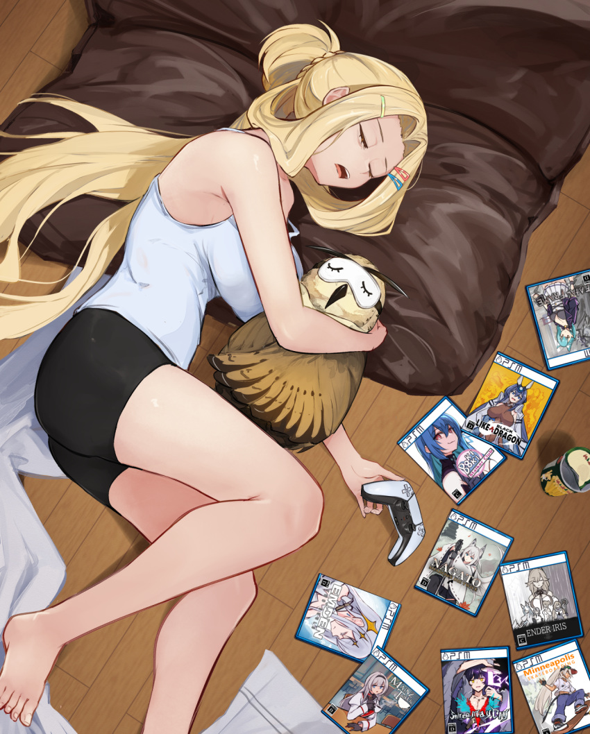 1girl annotation_request aoba_(azur_lane) ass azur_lane bangs bare_shoulders barefoot bike_shorts bird blonde_hair blu-ray_cover breasts bunker_hill_(azur_lane) bunker_hill_(mission_relaxation)_(azur_lane) camisole closed_eyes commentary_request controller copyright_request cover cup_noodle devil_may_cry_(series) doki_doki_literature_club dualsense emden_(azur_lane) ender_lilies_quietus_of_the_knights fatal_frame game_controller hair_ornament hairclip helena_(azur_lane) highres holding holding_controller holding_game_controller indoors kawakaze_(azur_lane) large_breasts long_hair lying mainz_(azur_lane) marshall_k minneapolis_(azur_lane) musashi_(azur_lane) new_jersey_(azur_lane) official_alternate_costume on_side open_mouth owl parted_bangs pillow playstation_controller richelieu_(azur_lane) shadow sidelocks sidelocks_tied_back sleeping strap_slip teeth upper_teeth_only very_long_hair white_camisole