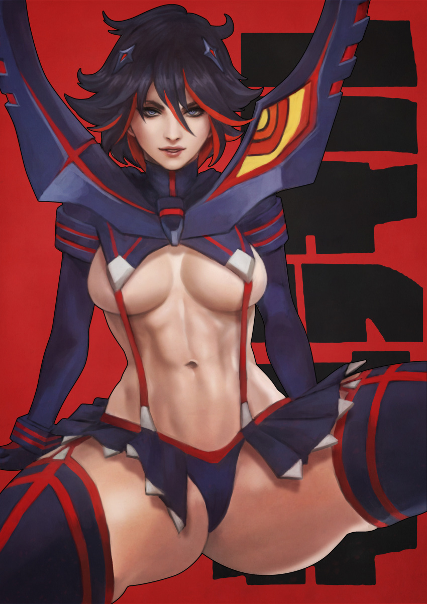 1girl abs absurdres black_gloves black_hair black_skirt black_thighhighs blue_eyes breasts gloves highres kill_la_kill large_breasts leaning_back living_clothes long_sleeves looking_at_viewer matoi_ryuuko miniskirt monori_rogue multicolored_hair navel pleated_skirt red_background red_hair red_trim revealing_clothes senketsu sideboob sitting skirt solo spread_legs streaked_hair suspenders thick_thighs thighhighs thighs toned underboob upper_body