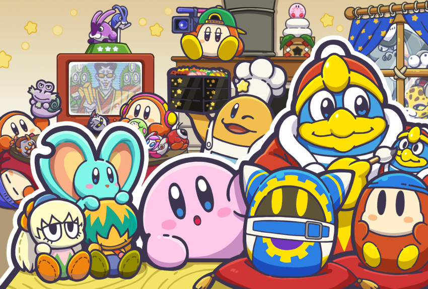 animal_ears apron artist_request backwards_hat bandana_waddle_dee baseball_cap beanie bun_(kirby) camera character_doll chef_hat chinese_zodiac clawroline colored_skin customer_service_(kirby) egg elfilin escargon food fumu_(kirby) gorimondo hat headphones highres king_dedede kirby kirby's_dream_buffet kirby:_right_back_at_ya kirby_(series) kirby_and_the_forgotten_land kotatsu magolor meta_knight new_year no_humans official_art open_mouth paintbrush pillow pink_skin rabbit_ears sillydillo sitting smile solid_oval_eyes star_(symbol) susie_(kirby) table taranza television under_kotatsu under_table waddle_dee waddle_doo window year_of_the_rabbit
