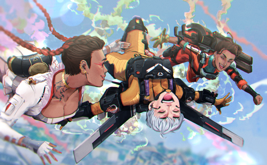 3girls :d ^_^ apex_legends ass black_gloves bodysuit bossan_3310 braid breasts brown_hair cleavage clenched_hand closed_eyes completion_time contrail cropped_jacket dark-skinned_female dark_skin floating_hair flying gloves grey_hair highres jacket jumpsuit loba_(apex_legends) multiple_girls olympus_(apex_legends) open_mouth orange_jumpsuit pants rampart_(apex_legends) red_hair side_ponytail smile twin_braids upside-down valkyrie_(apex_legends) white_jacket white_pants yellow_bodysuit