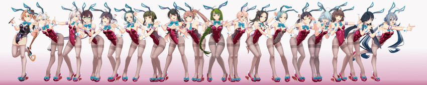 6+girls absurdres adapted_costume ahoge akigumo_(kancolle) akigumo_kai_ni_(kancolle) akishimo_(kancolle) animal_ears aqua_bow aqua_bowtie asashimo_(kancolle) asymmetrical_bangs asymmetrical_hair bangs black_hair black_leotard black_ribbon blue-framed_eyewear blue_hair blunt_bangs bob_cut bow bowtie braid breasts brown_eyes brown_hair colored_inner_hair detached_collar double_bun fake_animal_ears fake_tail fishnet_pantyhose fishnets forehead fujinami_(kancolle) glasses gradient_hair green_eyes green_hair grey_eyes grey_hair grey_pantyhose grey_thighhighs hair_between_eyes hair_bun hair_over_eyes hair_over_one_eye hair_ribbon hairband hamanami_(kancolle) hayanami_(kancolle) hayashimo_(kancolle) highleg highleg_leotard highres hime_cut kantai_collection kazagumo_(kancolle) kazagumo_kai_ni_(kancolle) kishinami_(kancolle) kiyoshimo_(kancolle) leotard long_hair low_twintails makigumo_(kancolle) makinami_(kancolle) medium_breasts medium_hair moke_ro mole mole_under_eye mole_under_mouth multicolored_hair multiple_girls naganami_(kancolle) naganami_kai_ni_(kancolle) no_pupils odd_one_out okinami_(kancolle) pantyhose pink_hair playboy_bunny ponytail purple_hair purple_leotard rabbit_ears rabbit_tail red_eyes ribbon sharp_teeth short_hair short_hair_with_long_locks side_braids side_ponytail sidelocks single_braid single_hair_bun small_breasts strapless strapless_leotard suzunami_(kancolle) tail takanami_(kancolle) takanami_kai_ni_(kancolle) tamanami_(kancolle) teeth thighband_pantyhose thighhighs thighhighs_over_pantyhose twintails two-tone_hair very_long_hair wavy_hair white_hair white_hairband white_ribbon wide_image wrist_cuffs yuugumo_(kancolle)