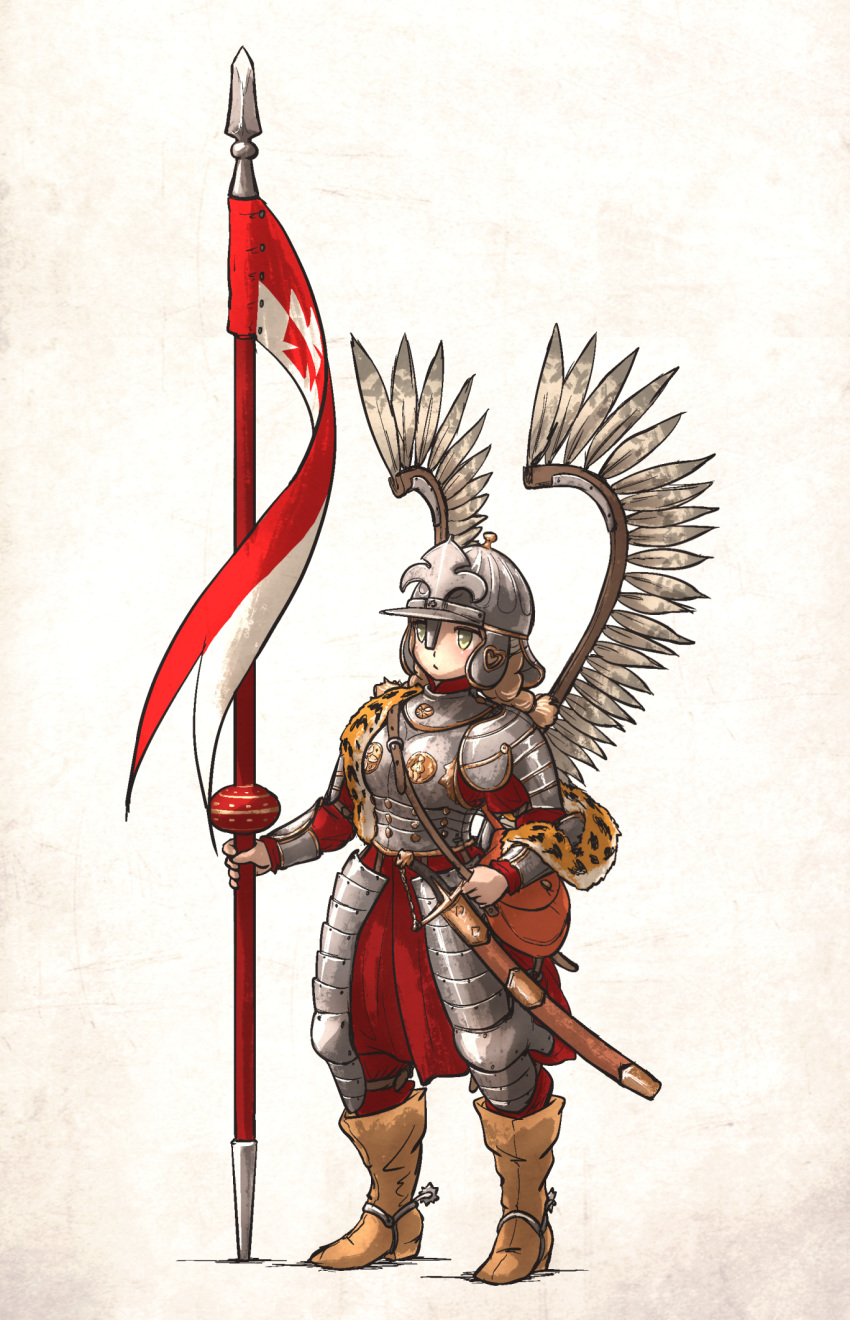 1girl animal_print armor boots helmet highres holding holding_weapon hussar ironlily lance leopard_print military military_uniform original pants polearm saber_(weapon) sheath spear spurs sword uniform weapon winged_hussar