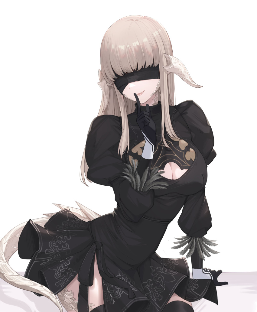 1girl absurdres alternate_costume au_ra avatar_(ff14) black_blindfold black_dress black_gloves black_thighhighs blindfold breasts cleavage_cutout closed_mouth clothing_cutout commentary commission cosplay dragon_girl dragon_horns dragon_tail dress english_commentary final_fantasy final_fantasy_xiv gloves grey_hair highres horns index_finger_raised juliet_sleeves lips long_hair long_sleeves medium_breasts nier_(series) nier_automata puffy_sleeves ritence scales simple_background smile tail thighhighs white_background yorha_no._2_type_b yorha_no._2_type_b_(cosplay)