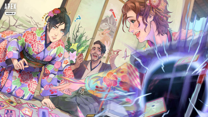 ! 1boy 2girls ? absurdres apex_legends apex_legends_mobile bangalore_(apex_legends) blue_eyes bossan_3310 brown_eyes brown_hair card card_game completion_time copyright_name facial_hair flower freckles frown goatee green_flower hack_(apex_legends) hair_bun hair_flower hair_ornament highres holding holding_card horizon_(apex_legends) iroha_karuta japanese_clothes karuta_(card_game) kimono lifeline_(apex_legends) logo mirage_(apex_legends) multiple_girls nessie_(respawn) no_pupils obi official_art open_mouth parted_lips pathfinder_(apex_legends) pink_flower playing_card purple_kimono red_flower rowdy_(apex_legends) sash scar scar_across_eye scar_on_face scared single_hair_bun smile wraith_(apex_legends)