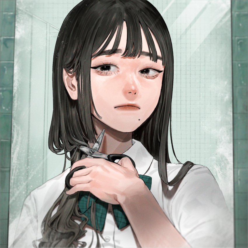 absurdres bangs black_eyes black_hair bow cropped_arms cropped_torso cutting_own_hair daikon_(tomohiro158) green_bow highres long_hair looking_at_mirror mirror mole mole_under_mouth original reflection school_uniform scissors sidelocks tiles