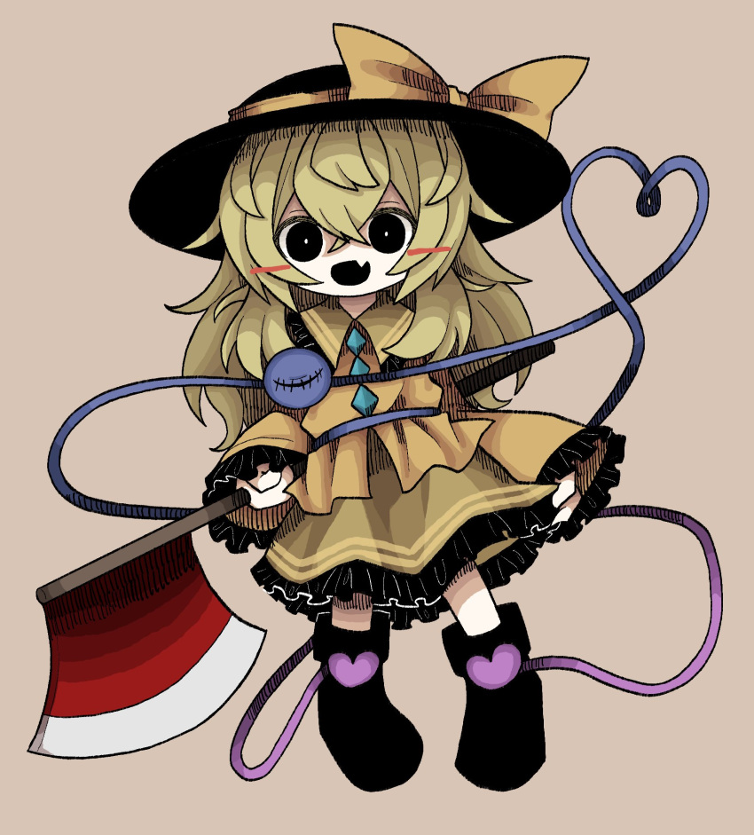 1girl axe black_eyes black_footwear black_headwear blush blush_stickers boots bright_pupils buttons diamond_(shape) diamond_button fang fang_out green_hair hat hat_ribbon heart highres holding holding_axe holding_weapon komeiji_koishi long_hair long_sleeves open_mouth ribbon ribbon-trimmed_clothes ribbon-trimmed_skirt ribbon-trimmed_sleeves ribbon_trim shaded_face shirt simple_background sleeves_past_wrists smile stitched_eye stitches third_eye touhou weapon white_pupils yellow_ribbon yellow_shirt zunusama