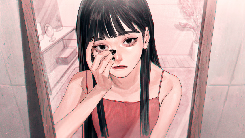 1girl absurdres bangs black_eyes black_hair black_nails cabinet camisole cropped_arms cropped_torso daikon_(tomohiro158) eyeliner eyeshadow hand_over_face highres hime_cut long_hair looking_at_viewer makeup mirror nail_polish original pink_camisole red_lips reflection tiles