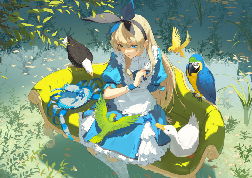 1girl alice_(alice_in_wonderland) alice_in_wonderland bangs bird black_hairband blonde_hair blue_bird blue_dress blue_eyes blue_hairband blue_ribbon commentary couch crab dress duck eagle english_commentary falling_leaves feet_out_of_frame frilled_dress frills green_bird hair_between_eyes hairband hand_up heterochromia kneehighs leaf long_hair looking_at_animal on_couch outdoors parrot parted_lips pinafore_dress puffy_short_sleeves puffy_sleeves ribbon short_sleeves sitting sleeves_past_wrists socks solo sunlight tree very_long_hair wakuseiy white_socks yellow_eyes